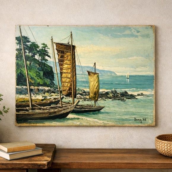 Vtg 1968 Coastal Oil Painting Chinese Junk Boats Signed Bong Seascape Unframed